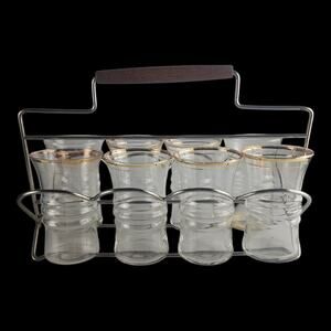 VTG 40s Anchor Hocking Ribbed Grip Glass Tumblers Gold Rimmed w/ Metal Caddy Set